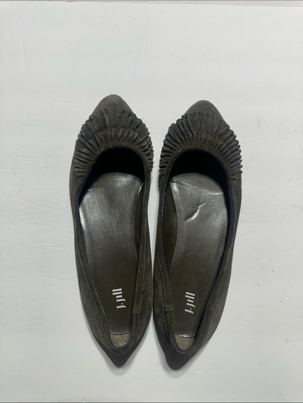 J Jill olive Suede Pointed Toe Flats with Pleated ruffled Toe Detail ballet